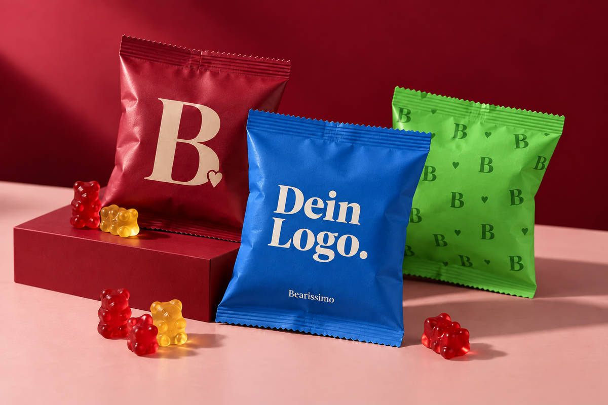 Personalisierte Bearissimo Fruchtgummi-Tütchen in Rot, Blau und Grün
