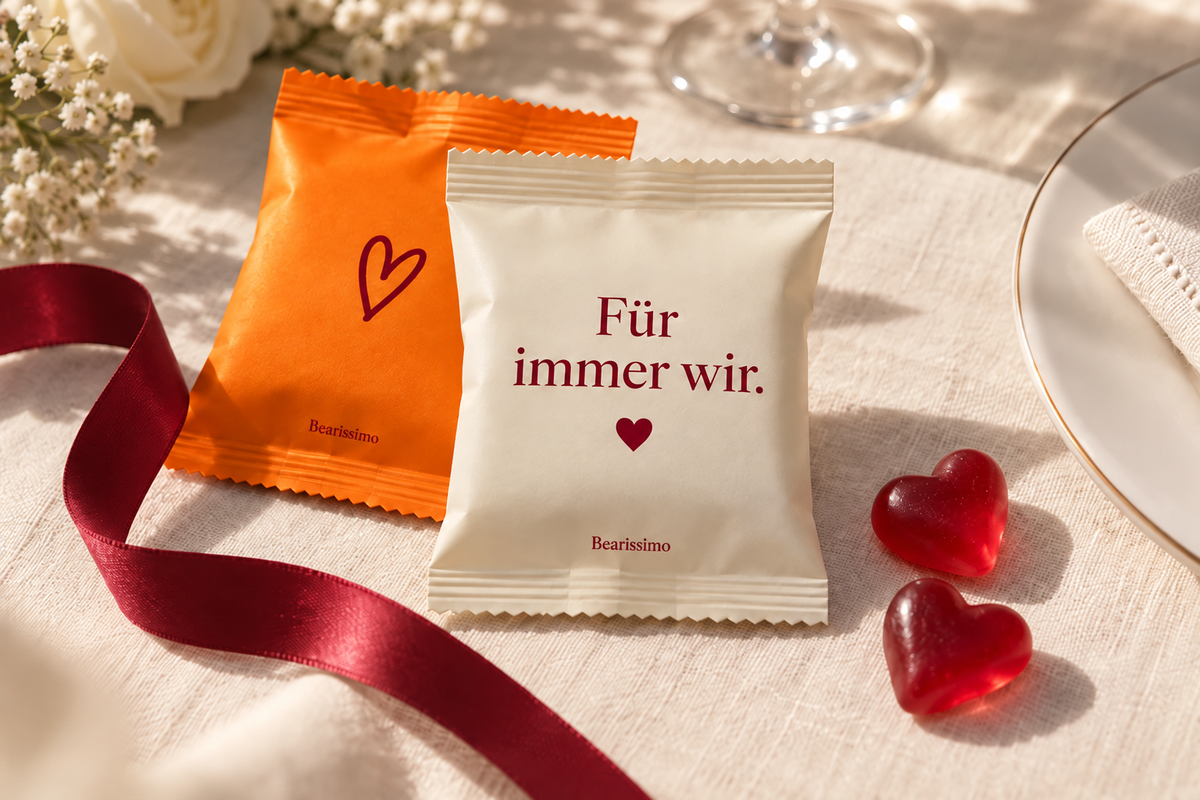 Bearissimo Hochzeits-Gastgeschenke mit orangefarbenem und cremefarbenem Fruchtgummi-Tütchen